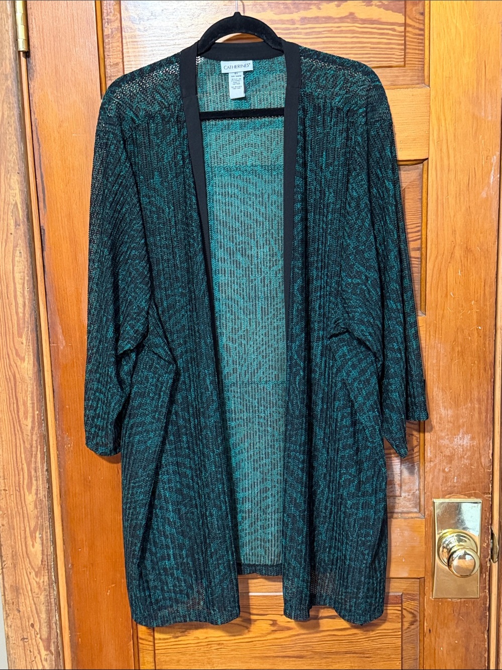 Catherines Cardigan Open Front, Black and Green, Open Weave Size 5x